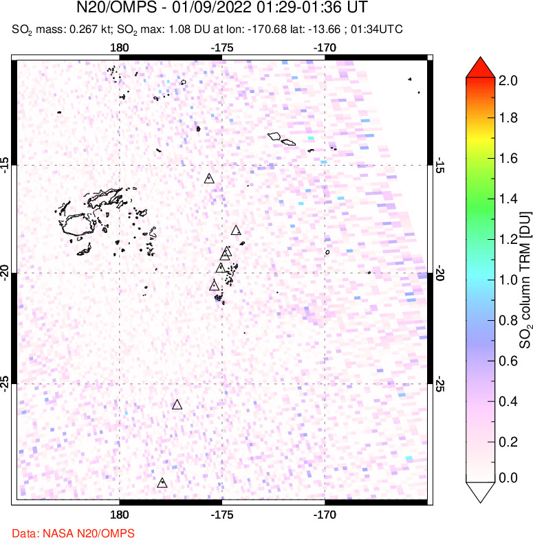 A sulfur dioxide image over Tonga, South Pacific on Jan 09, 2022.