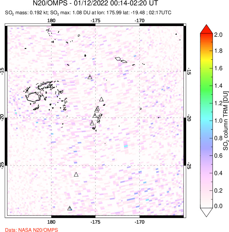 A sulfur dioxide image over Tonga, South Pacific on Jan 12, 2022.