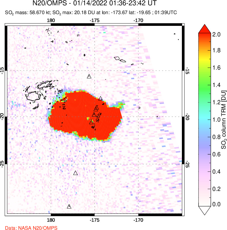 A sulfur dioxide image over Tonga, South Pacific on Jan 14, 2022.