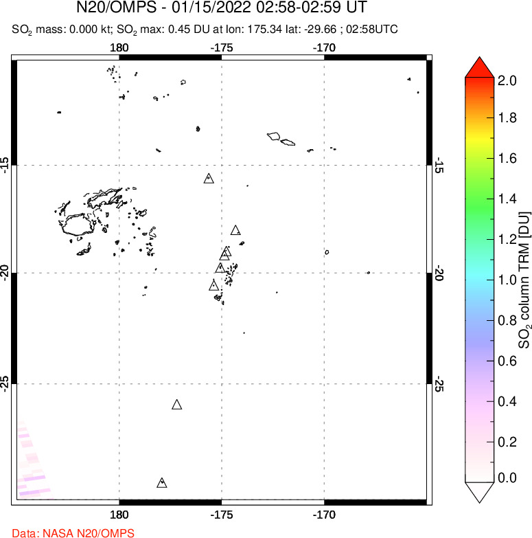 A sulfur dioxide image over Tonga, South Pacific on Jan 15, 2022.