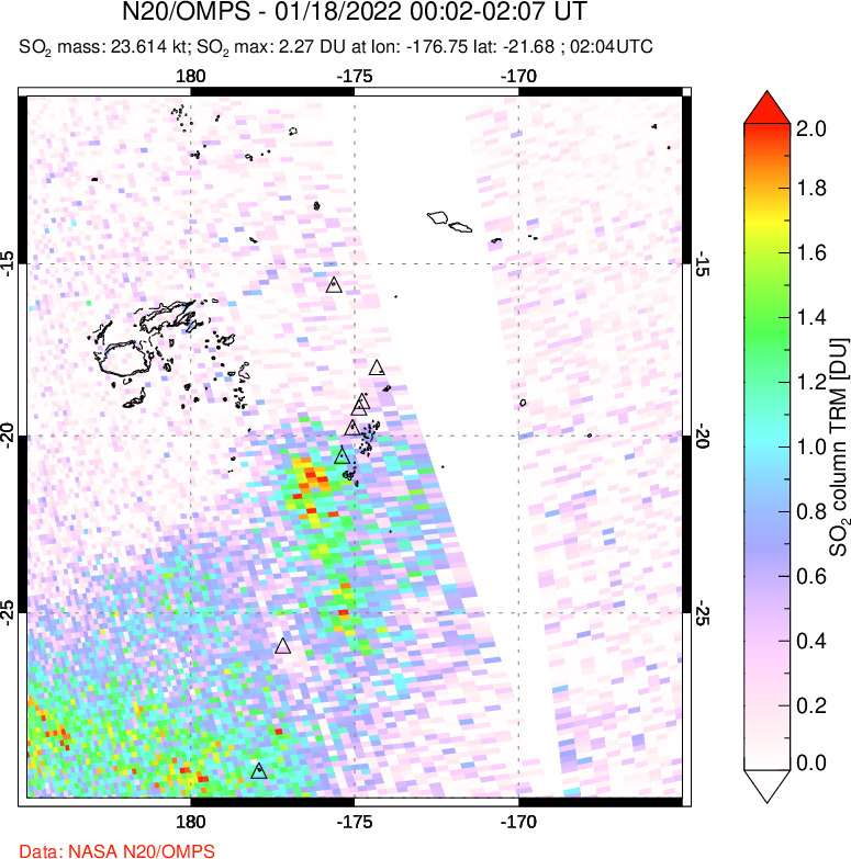 A sulfur dioxide image over Tonga, South Pacific on Jan 18, 2022.