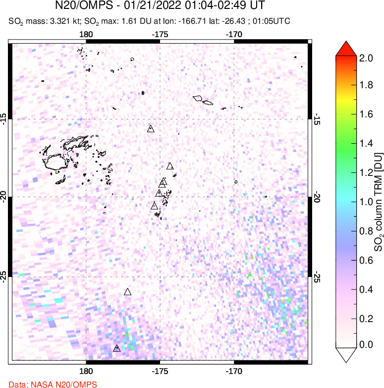 A sulfur dioxide image over Tonga, South Pacific on Jan 21, 2022.