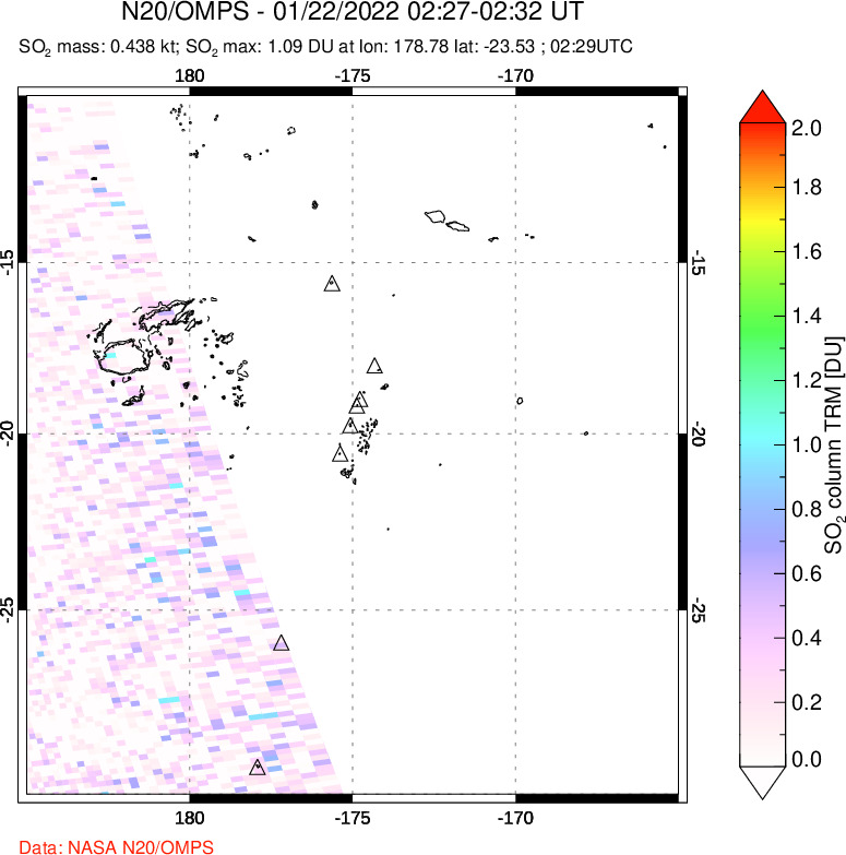 A sulfur dioxide image over Tonga, South Pacific on Jan 22, 2022.