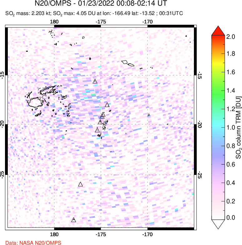 A sulfur dioxide image over Tonga, South Pacific on Jan 23, 2022.