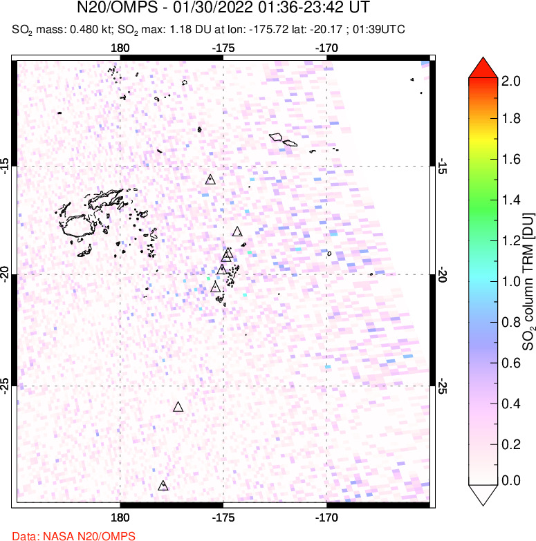 A sulfur dioxide image over Tonga, South Pacific on Jan 30, 2022.