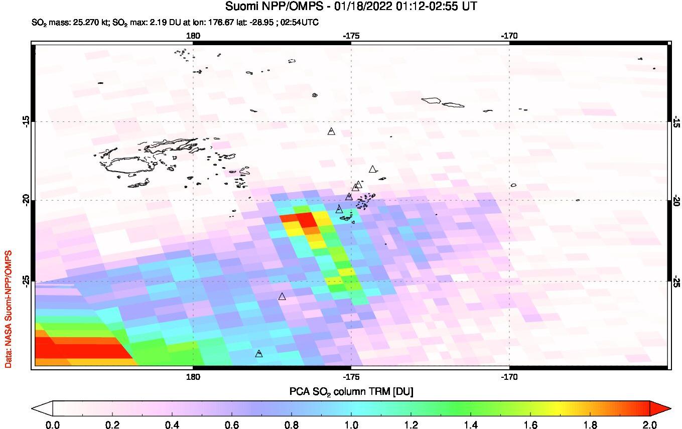 A sulfur dioxide image over Tonga, South Pacific on Jan 18, 2022.