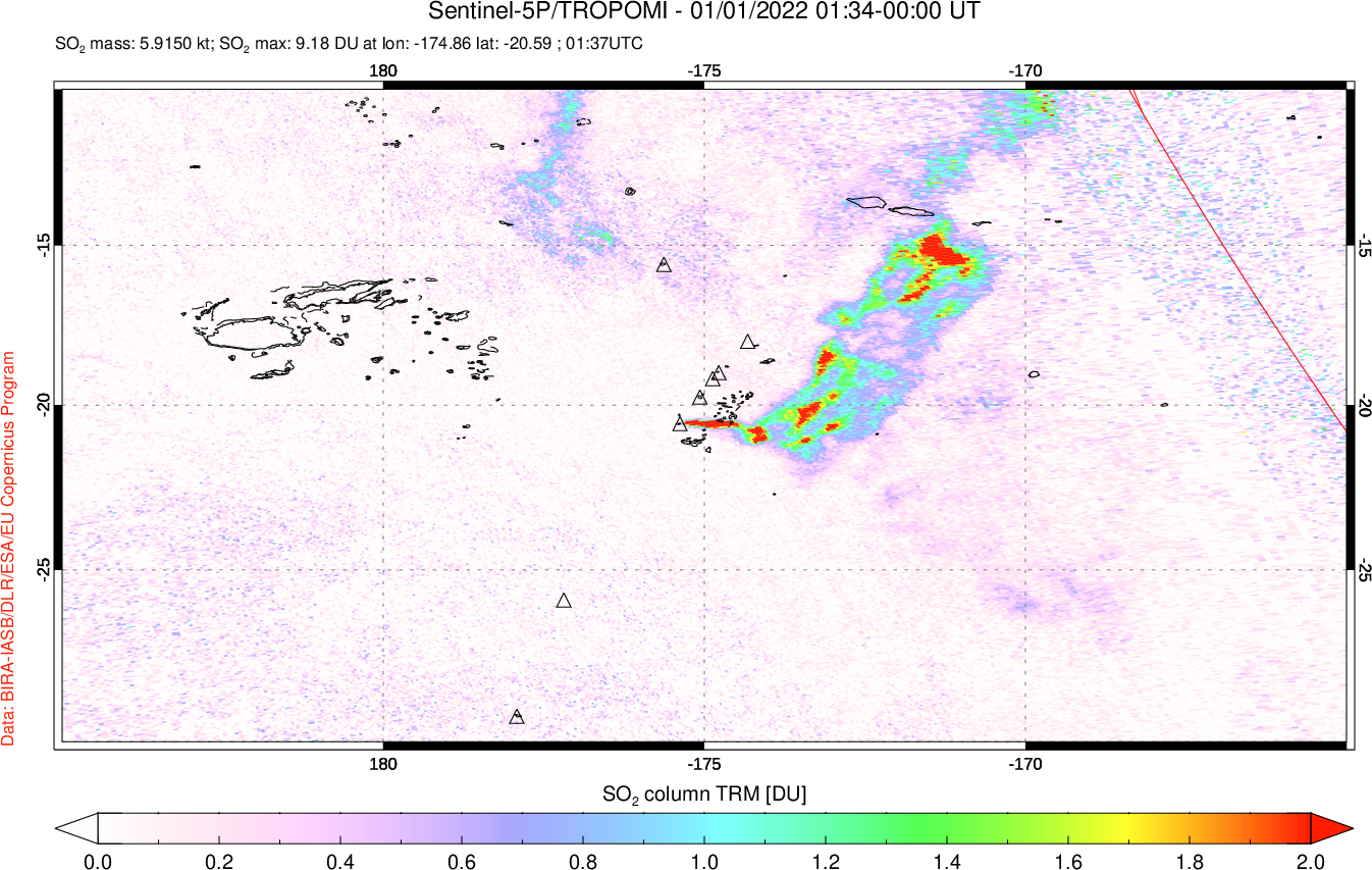 A sulfur dioxide image over Tonga, South Pacific on Jan 01, 2022.