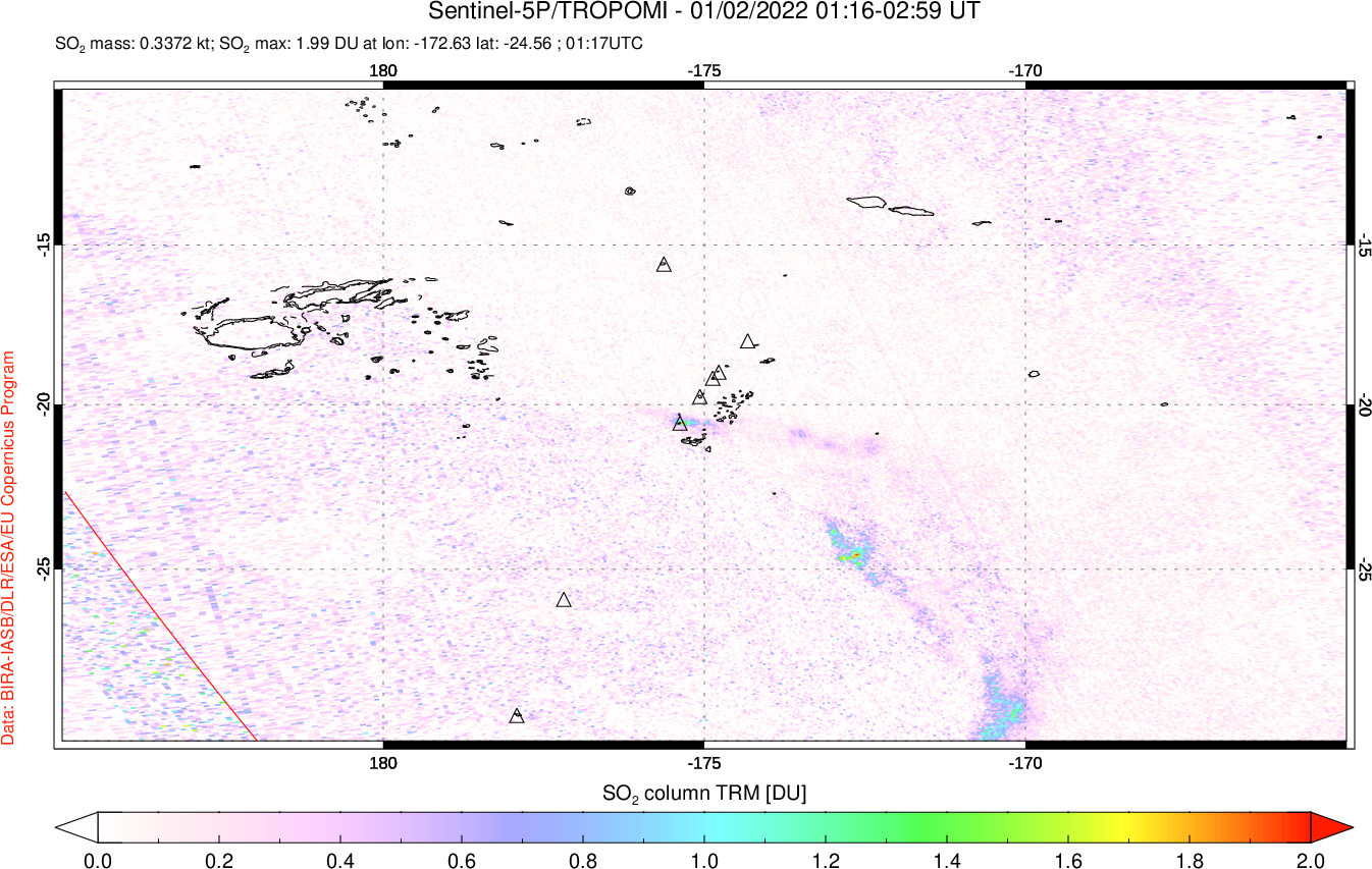 A sulfur dioxide image over Tonga, South Pacific on Jan 02, 2022.