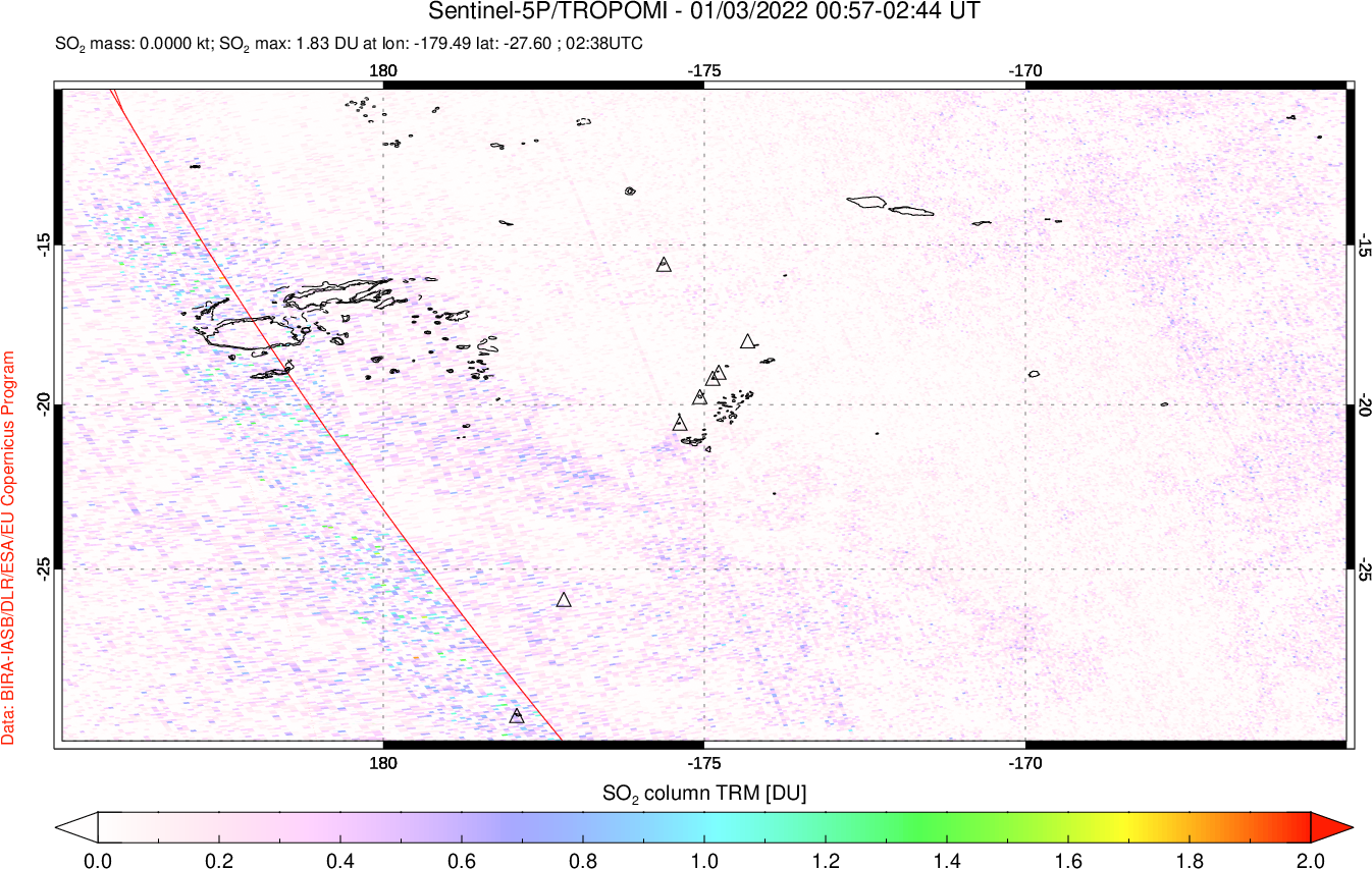 A sulfur dioxide image over Tonga, South Pacific on Jan 03, 2022.
