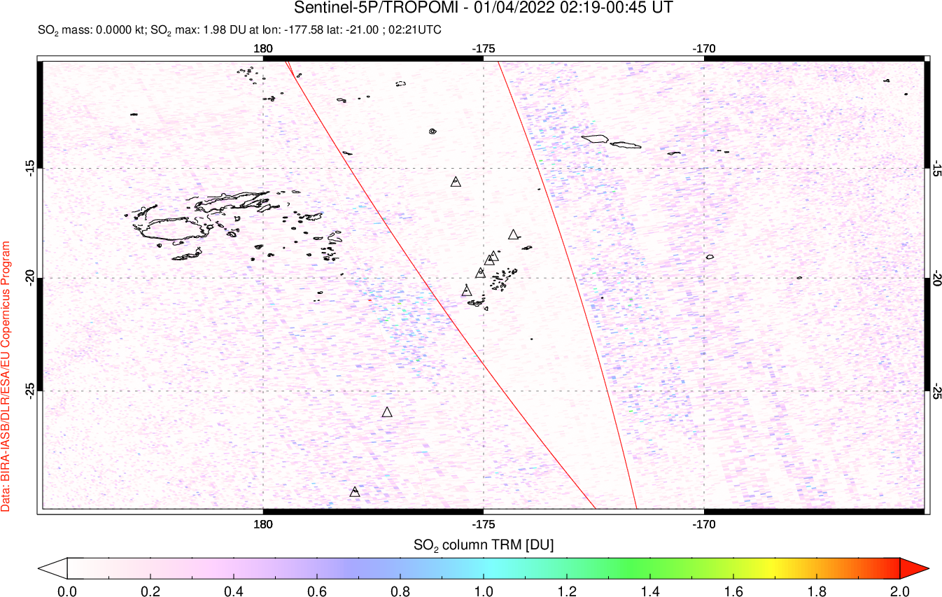 A sulfur dioxide image over Tonga, South Pacific on Jan 04, 2022.