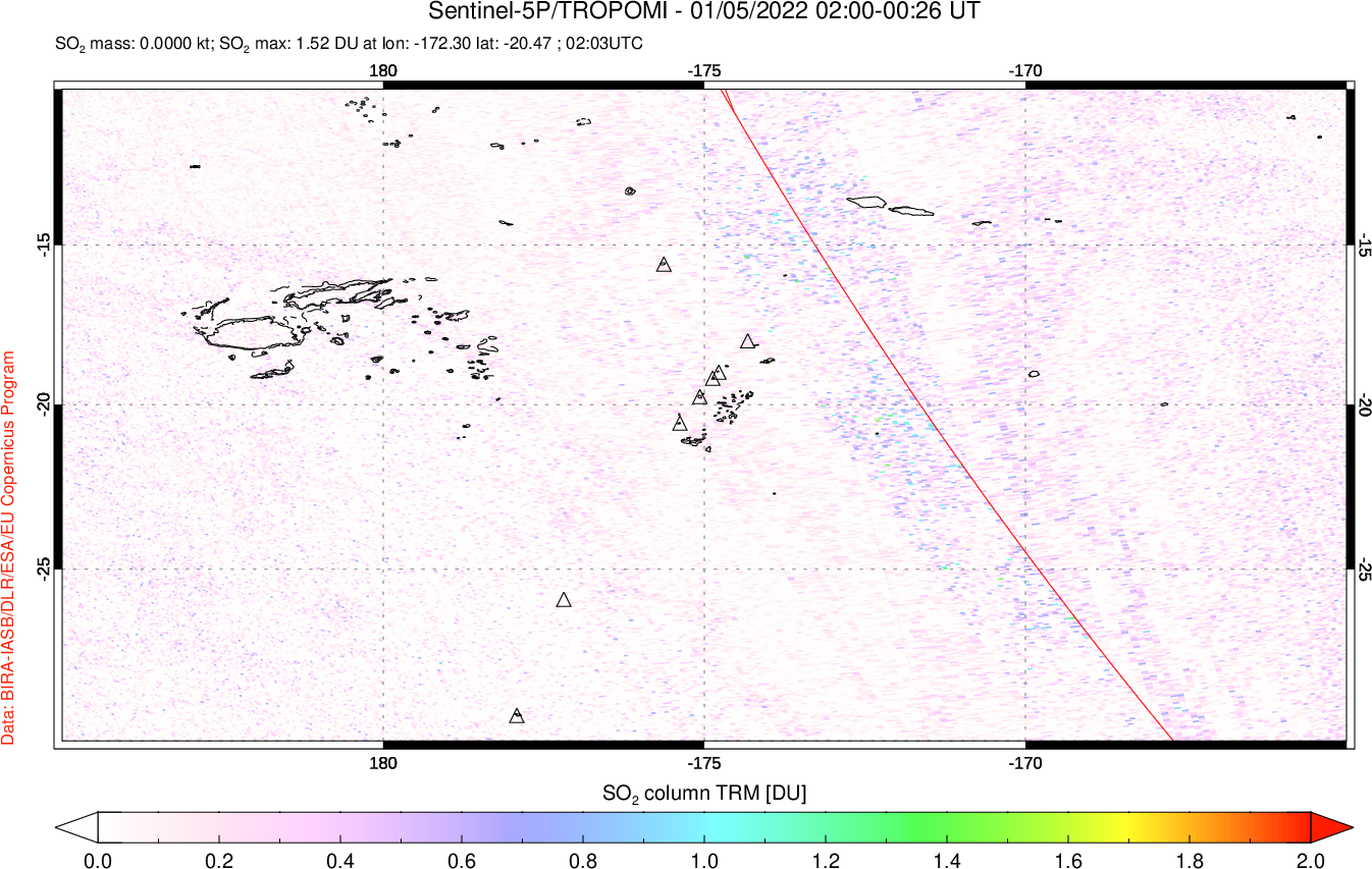 A sulfur dioxide image over Tonga, South Pacific on Jan 05, 2022.