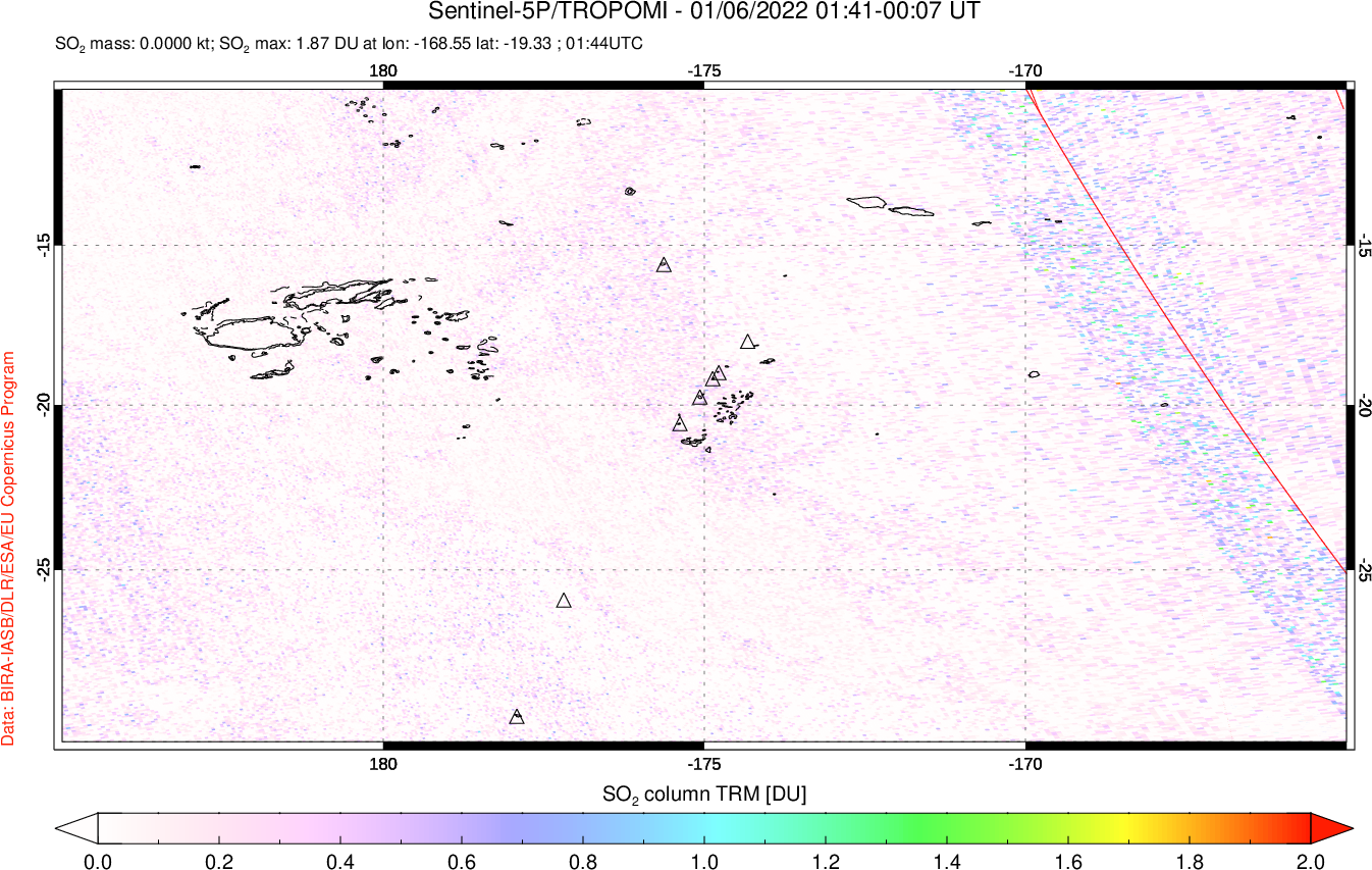 A sulfur dioxide image over Tonga, South Pacific on Jan 06, 2022.