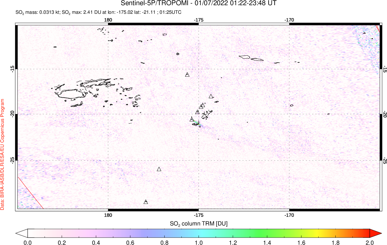 A sulfur dioxide image over Tonga, South Pacific on Jan 07, 2022.