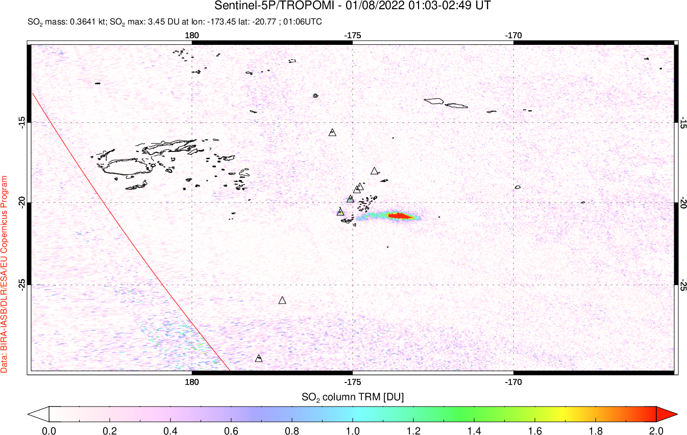 A sulfur dioxide image over Tonga, South Pacific on Jan 08, 2022.