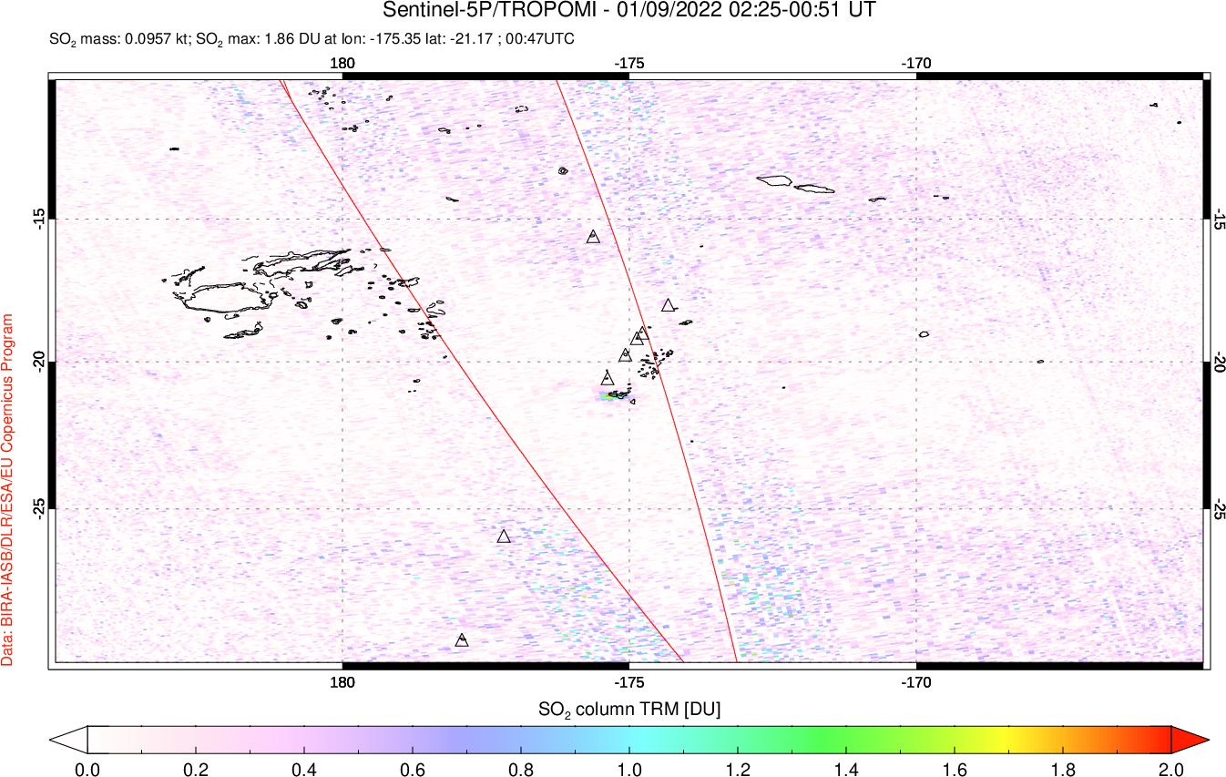 A sulfur dioxide image over Tonga, South Pacific on Jan 09, 2022.