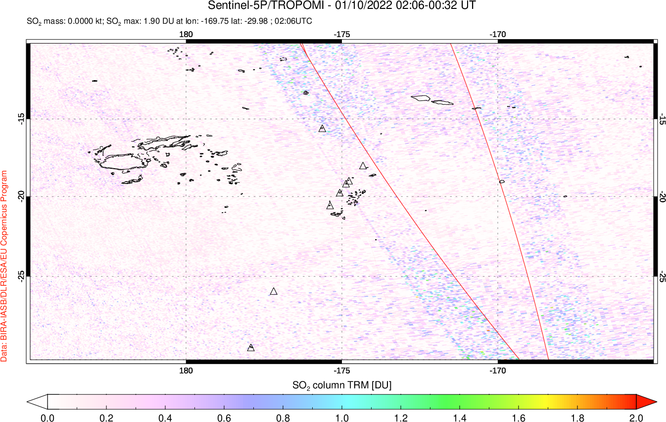 A sulfur dioxide image over Tonga, South Pacific on Jan 10, 2022.