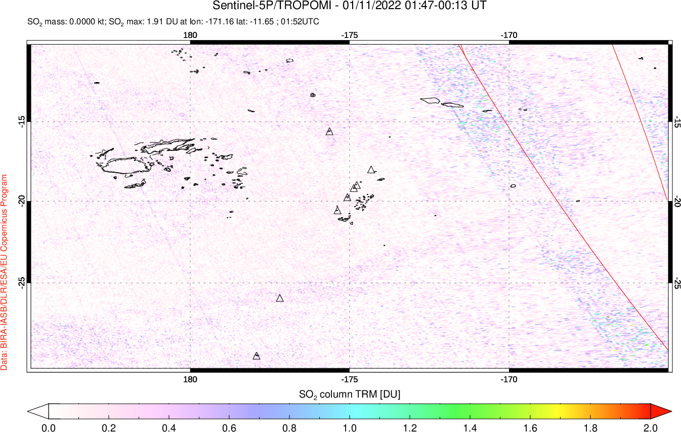 A sulfur dioxide image over Tonga, South Pacific on Jan 11, 2022.