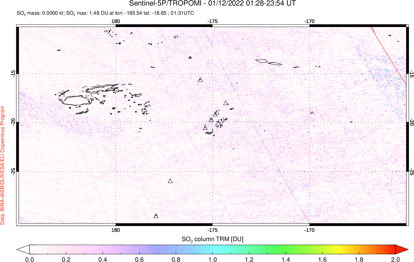 A sulfur dioxide image over Tonga, South Pacific on Jan 12, 2022.