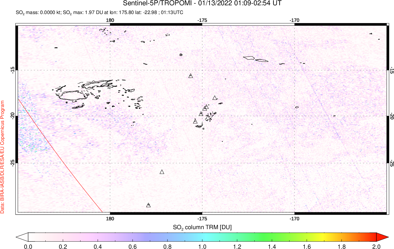 A sulfur dioxide image over Tonga, South Pacific on Jan 13, 2022.