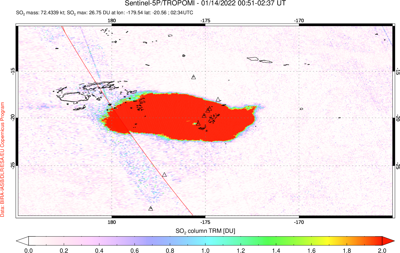 A sulfur dioxide image over Tonga, South Pacific on Jan 14, 2022.
