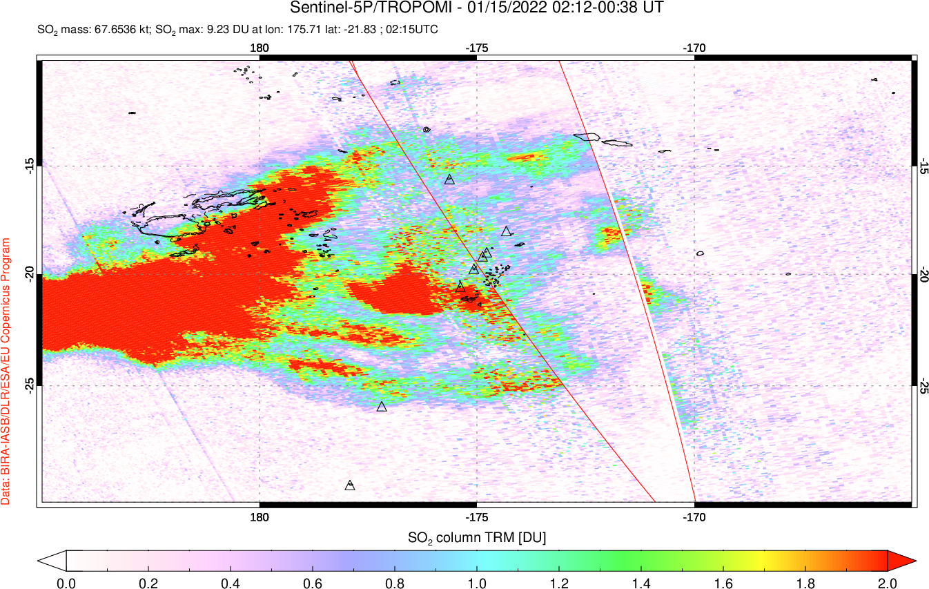 A sulfur dioxide image over Tonga, South Pacific on Jan 15, 2022.