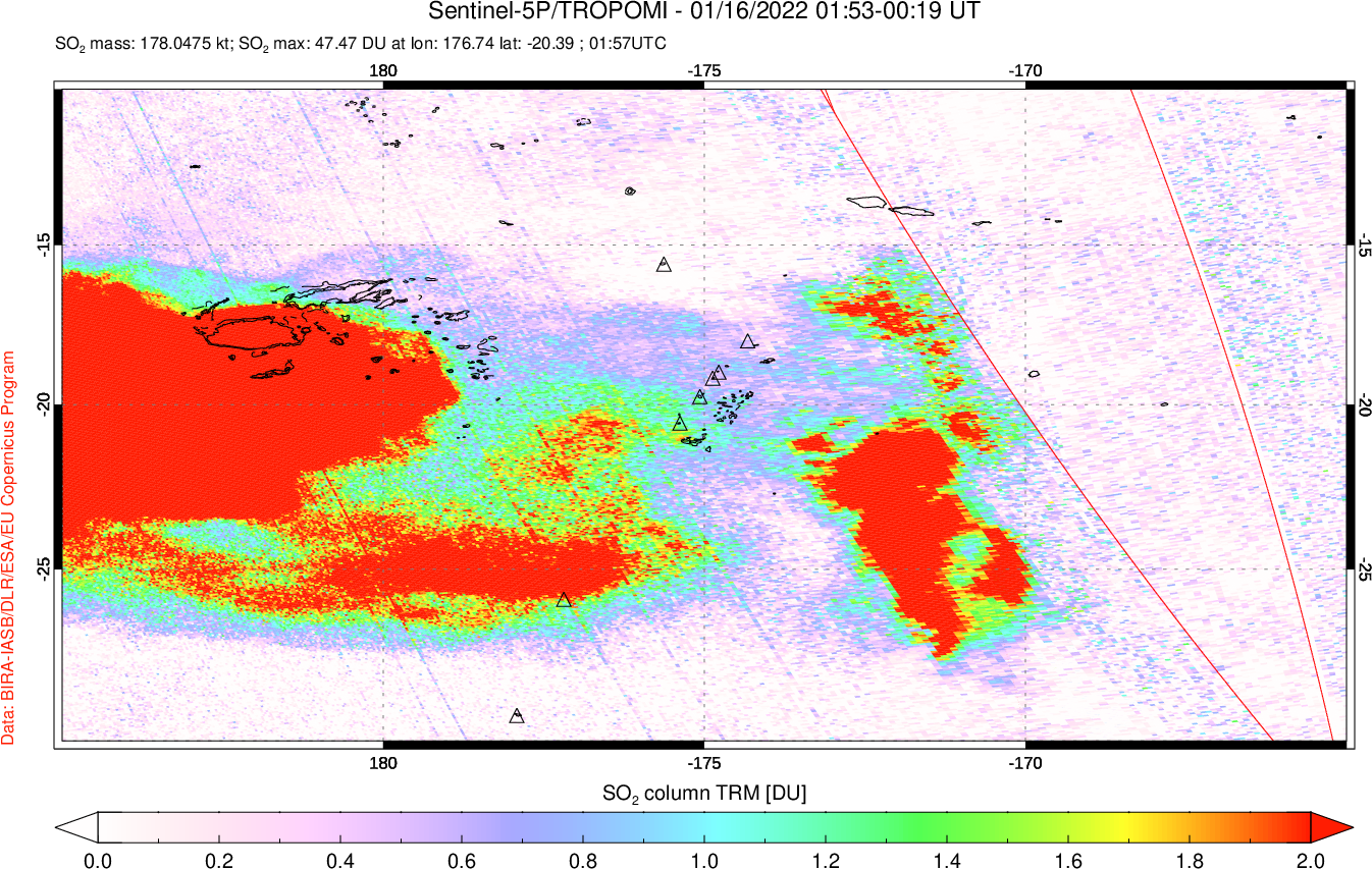 A sulfur dioxide image over Tonga, South Pacific on Jan 16, 2022.