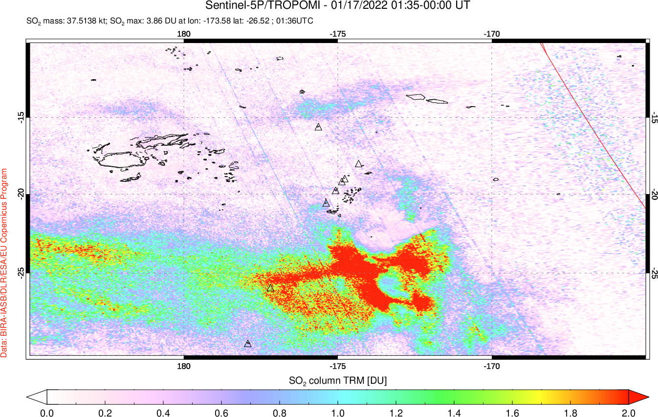 A sulfur dioxide image over Tonga, South Pacific on Jan 17, 2022.