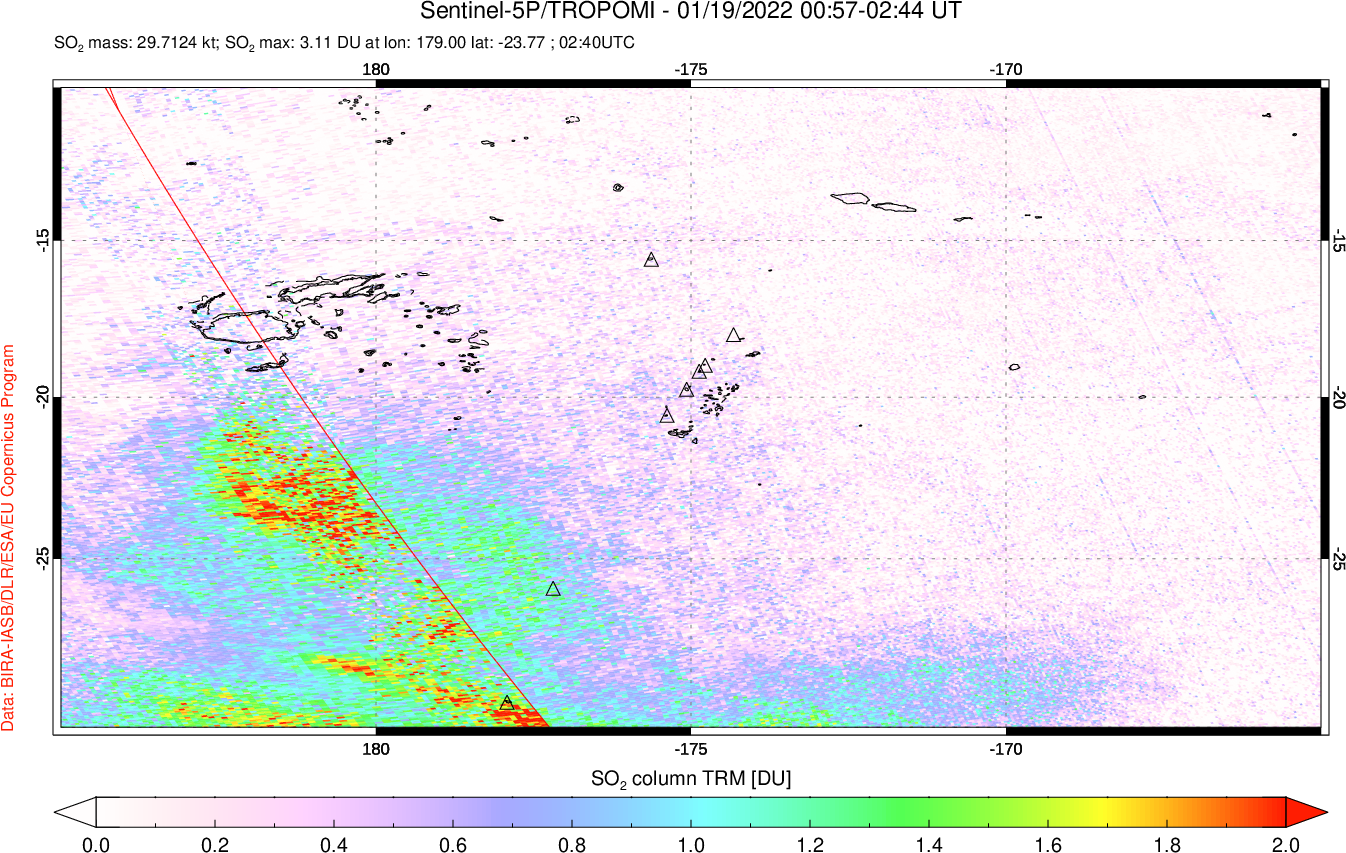 A sulfur dioxide image over Tonga, South Pacific on Jan 19, 2022.