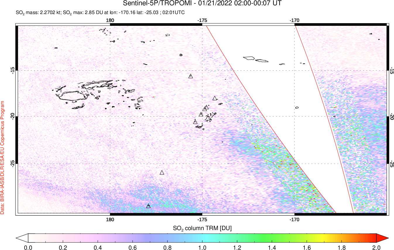 A sulfur dioxide image over Tonga, South Pacific on Jan 21, 2022.
