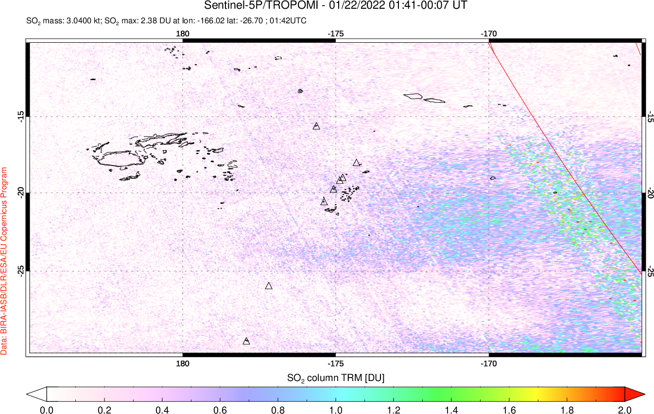 A sulfur dioxide image over Tonga, South Pacific on Jan 22, 2022.