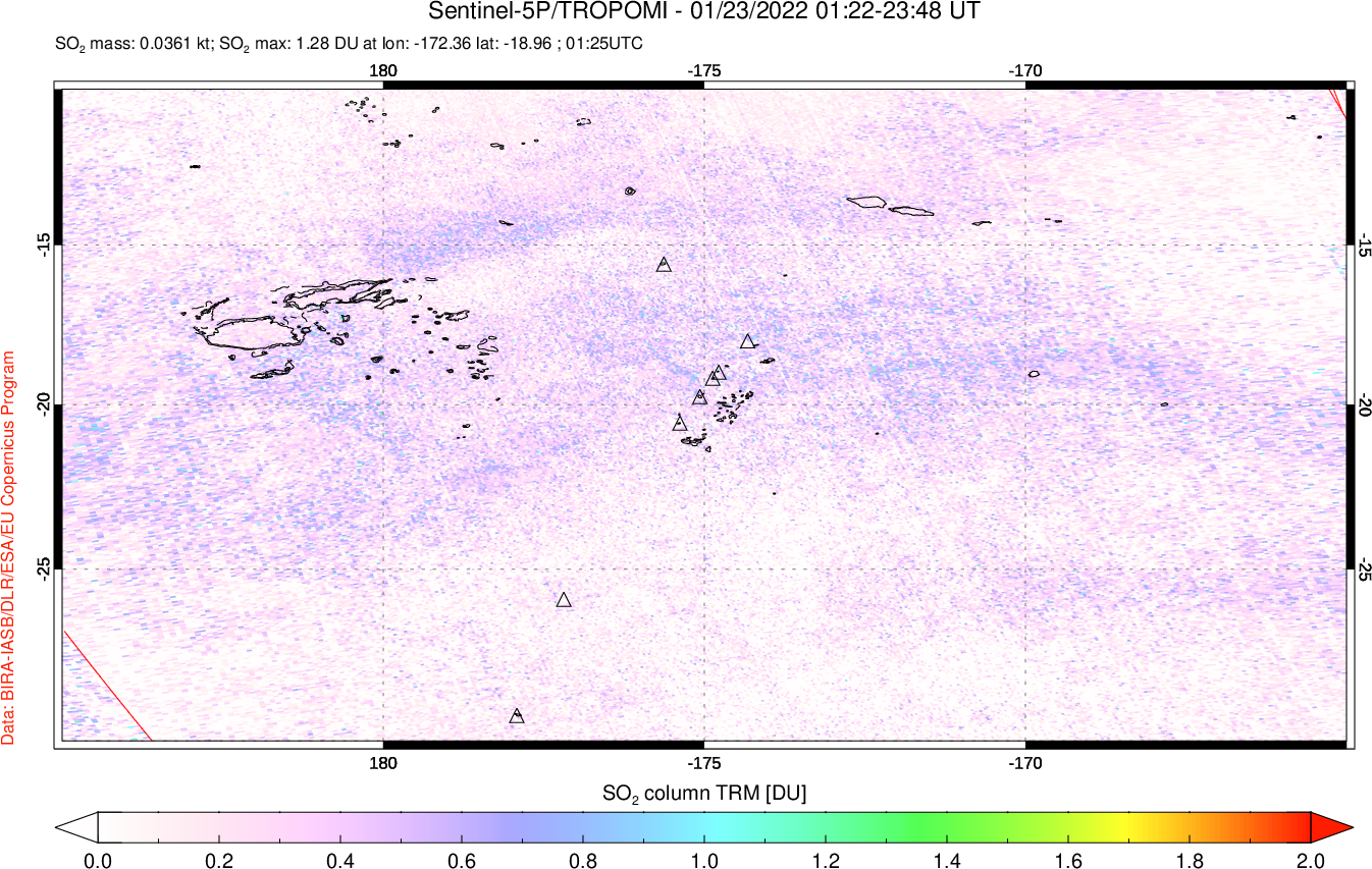 A sulfur dioxide image over Tonga, South Pacific on Jan 23, 2022.