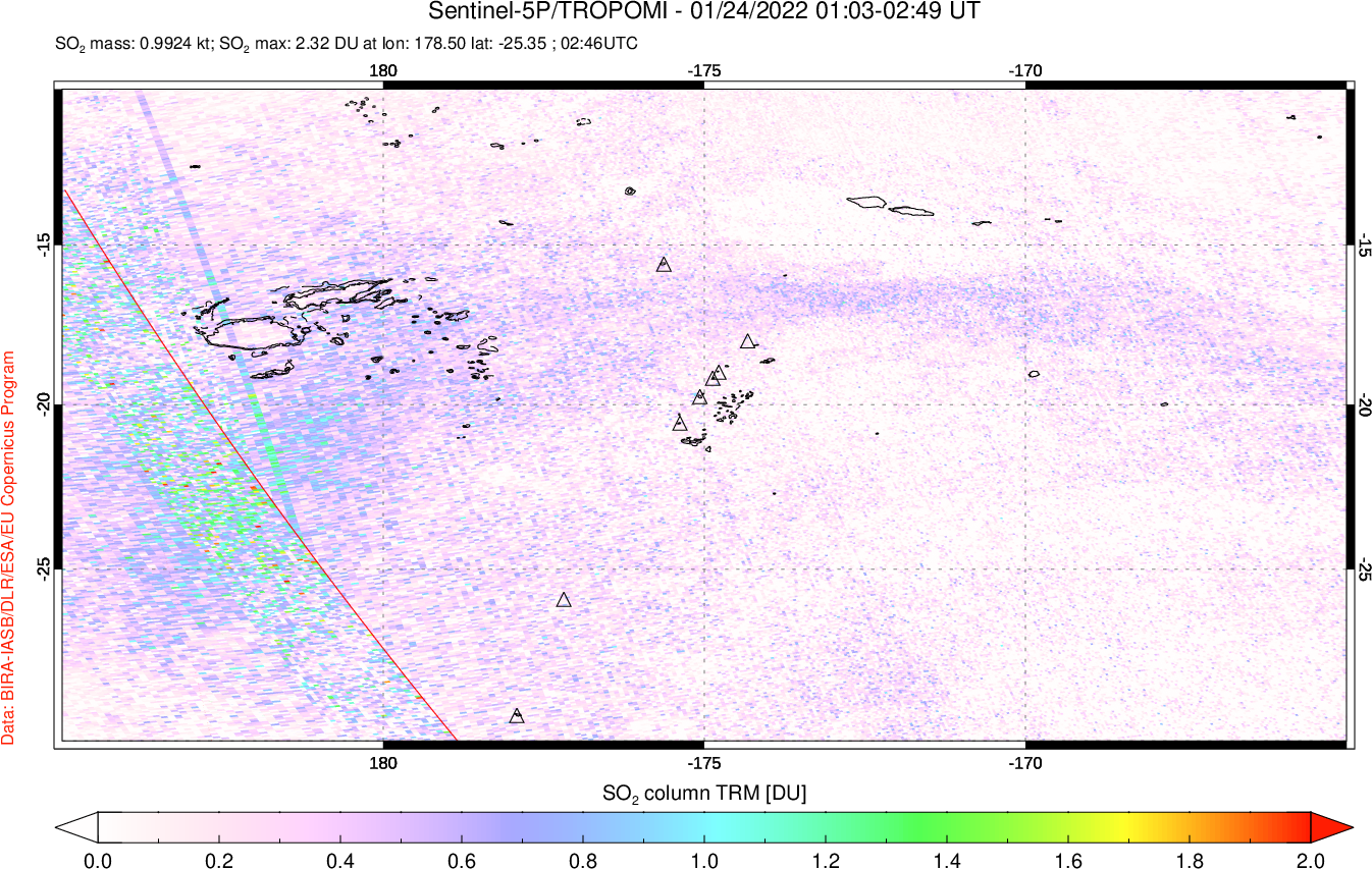 A sulfur dioxide image over Tonga, South Pacific on Jan 24, 2022.