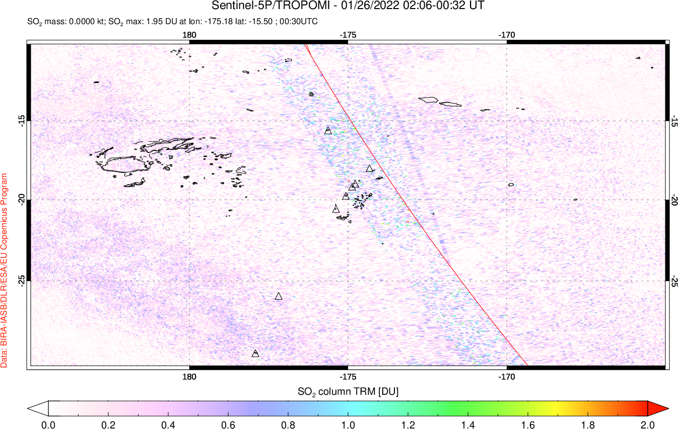 A sulfur dioxide image over Tonga, South Pacific on Jan 26, 2022.
