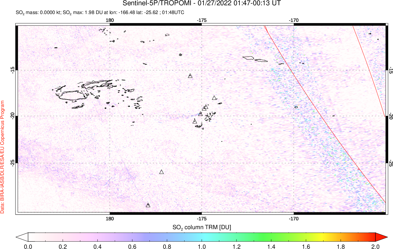 A sulfur dioxide image over Tonga, South Pacific on Jan 27, 2022.