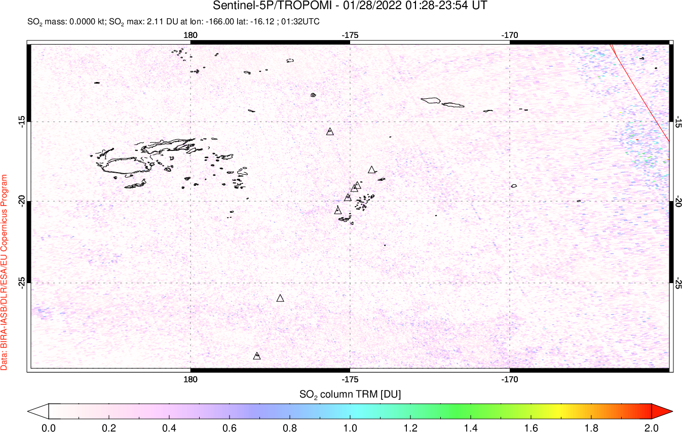 A sulfur dioxide image over Tonga, South Pacific on Jan 28, 2022.