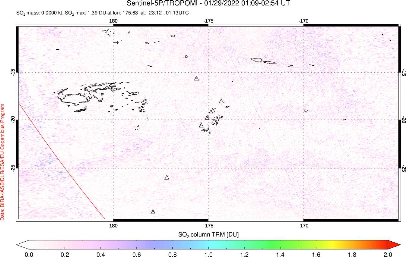 A sulfur dioxide image over Tonga, South Pacific on Jan 29, 2022.