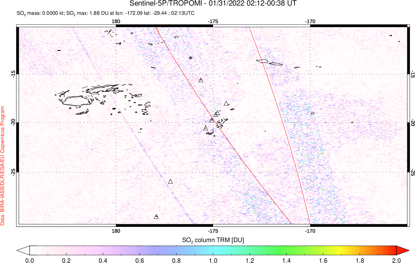 A sulfur dioxide image over Tonga, South Pacific on Jan 31, 2022.
