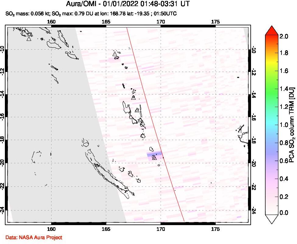 A sulfur dioxide image over Vanuatu, South Pacific on Jan 01, 2022.