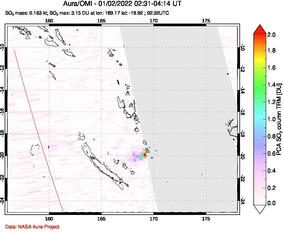 A sulfur dioxide image over Vanuatu, South Pacific on Jan 02, 2022.