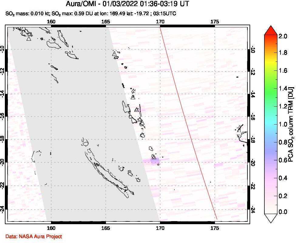 A sulfur dioxide image over Vanuatu, South Pacific on Jan 03, 2022.