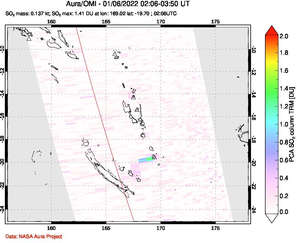 A sulfur dioxide image over Vanuatu, South Pacific on Jan 06, 2022.