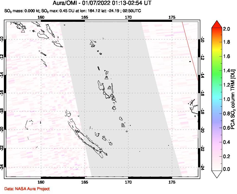 A sulfur dioxide image over Vanuatu, South Pacific on Jan 07, 2022.