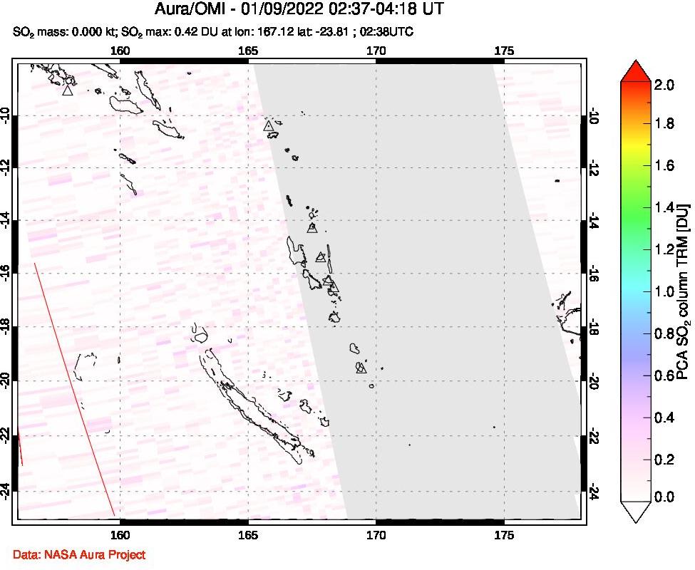 A sulfur dioxide image over Vanuatu, South Pacific on Jan 09, 2022.
