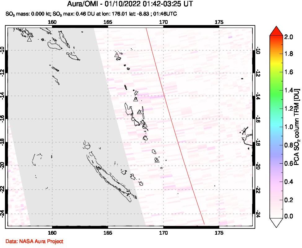 A sulfur dioxide image over Vanuatu, South Pacific on Jan 10, 2022.