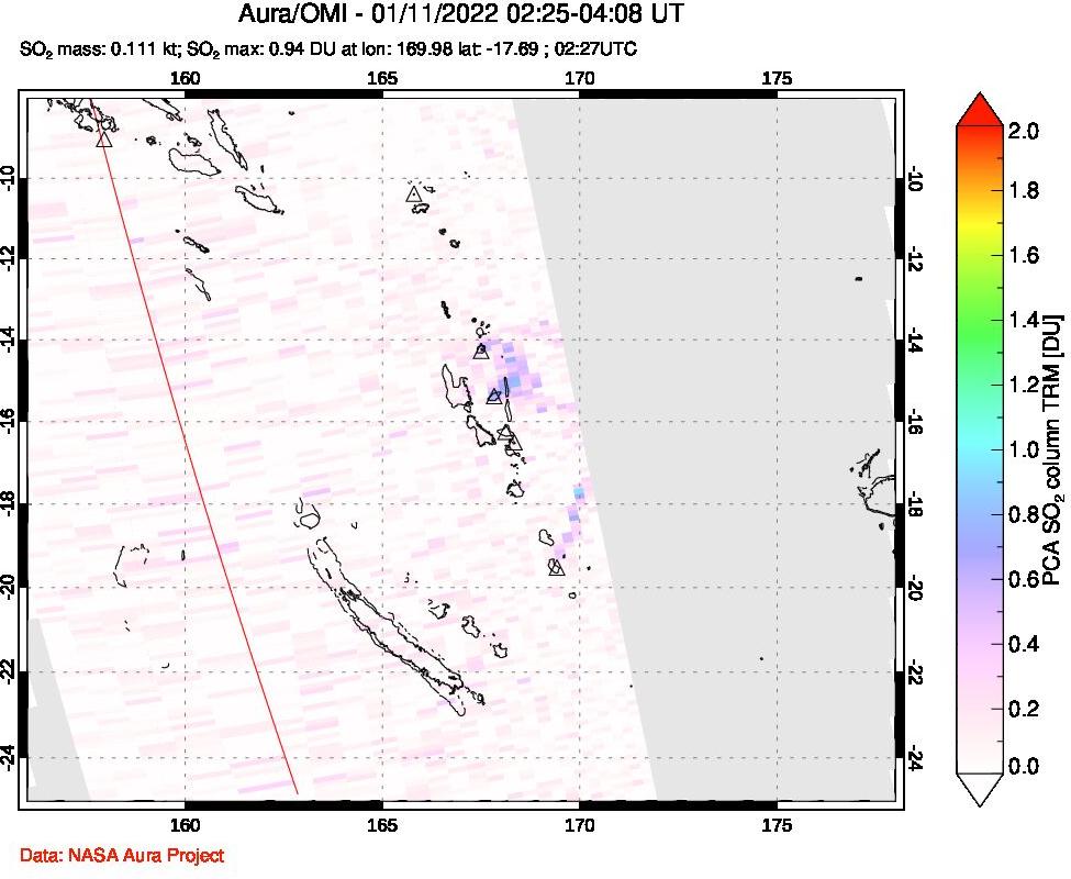 A sulfur dioxide image over Vanuatu, South Pacific on Jan 11, 2022.