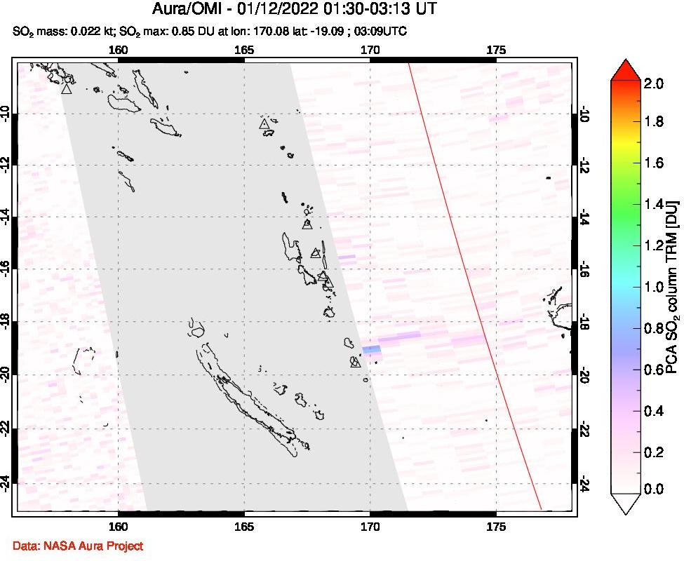 A sulfur dioxide image over Vanuatu, South Pacific on Jan 12, 2022.