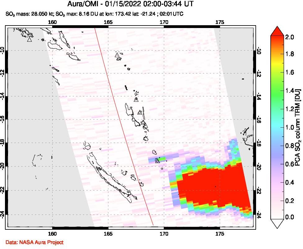 A sulfur dioxide image over Vanuatu, South Pacific on Jan 15, 2022.