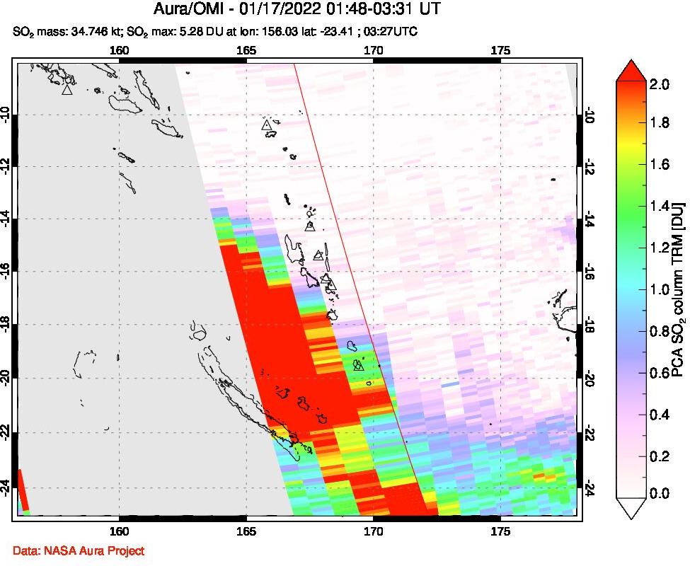 A sulfur dioxide image over Vanuatu, South Pacific on Jan 17, 2022.