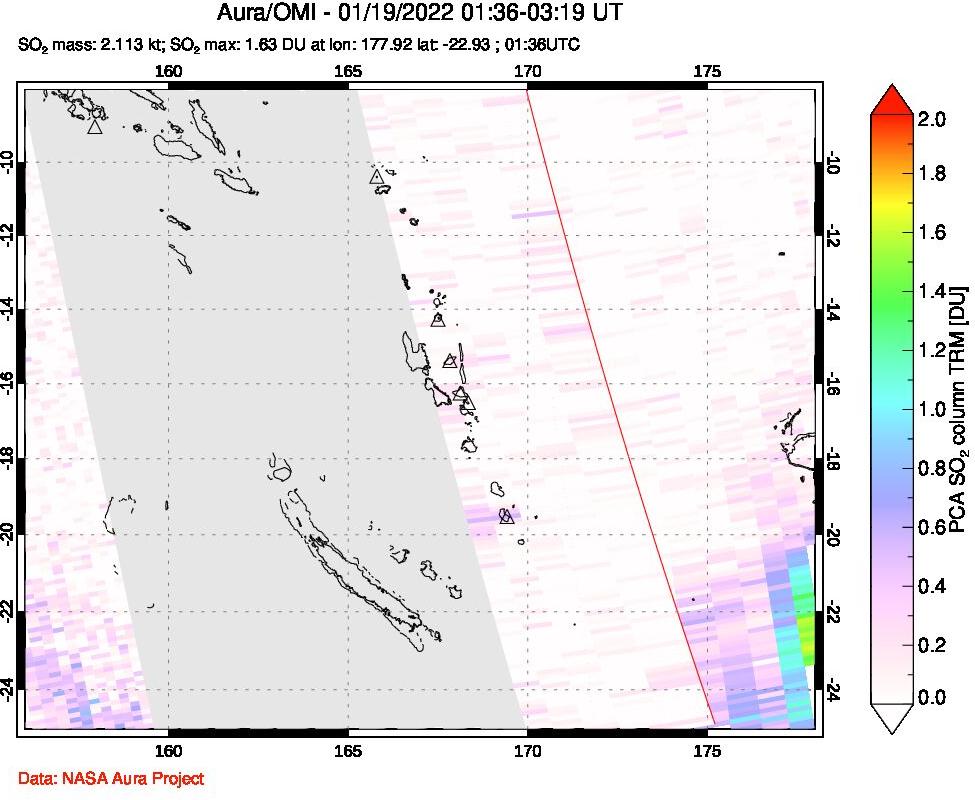 A sulfur dioxide image over Vanuatu, South Pacific on Jan 19, 2022.
