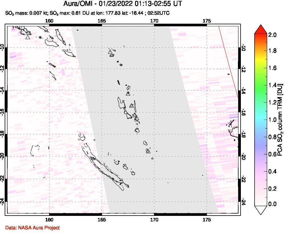 A sulfur dioxide image over Vanuatu, South Pacific on Jan 23, 2022.